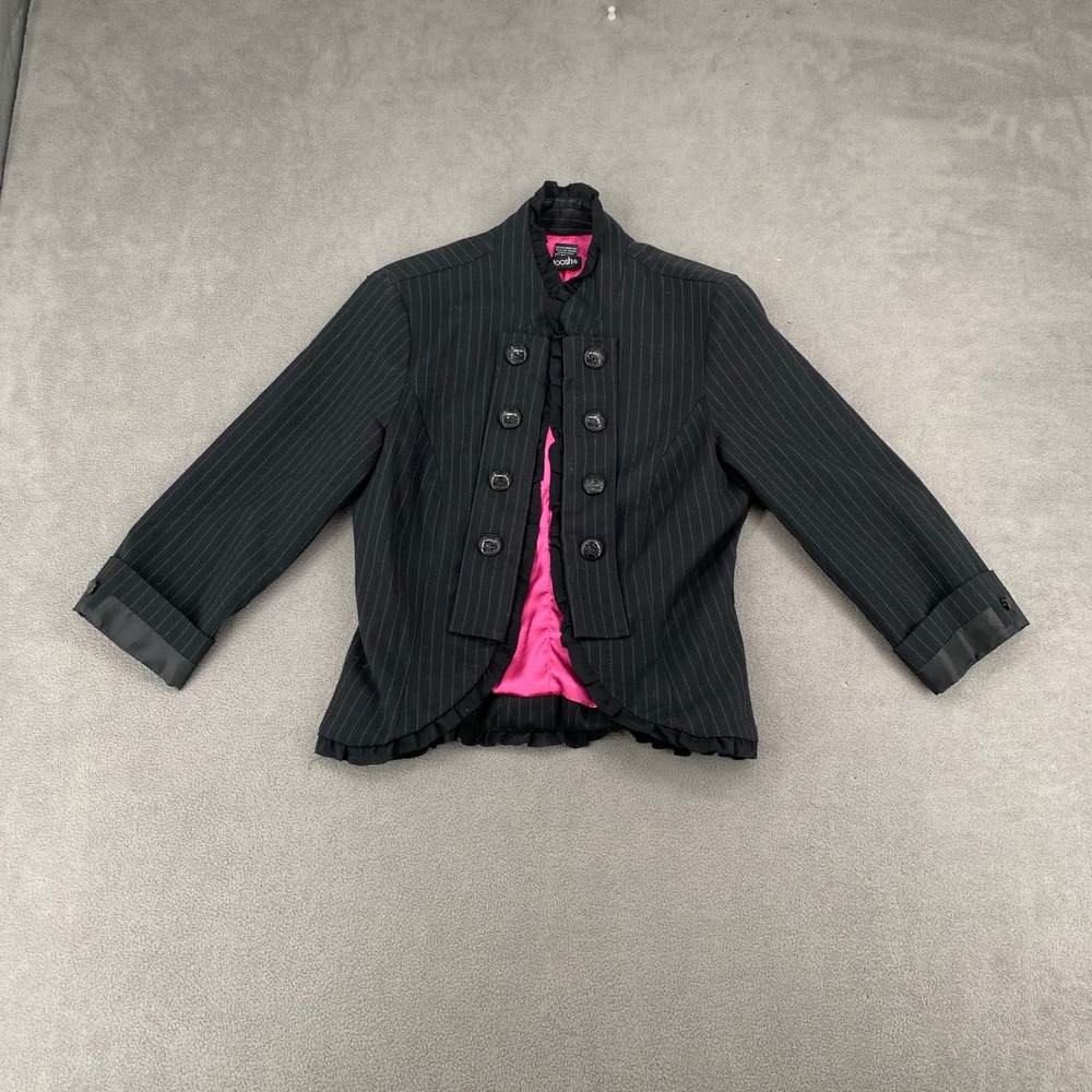 Stoosh Womens Y2K Black Pinstripe Ruffle Military Blazer Jacket Pink Lining M